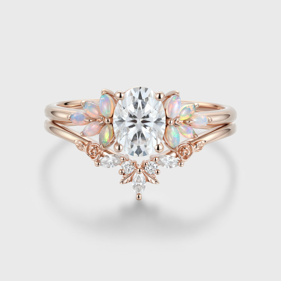 Oval Cut Moissanite+Opal Rose Gold Wedding Bridal set