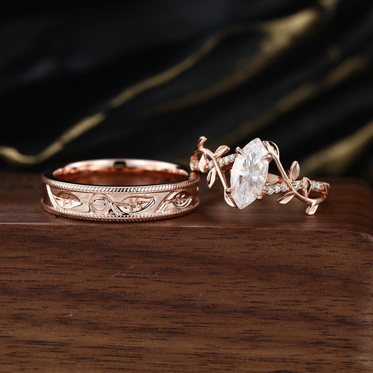 Nature Inspired Moissanite Couple Rings | D Color VVS1 | Rose Gold Leaf Wedding Bridal Set