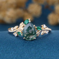 Pear cut Moss Agate + Lab Emerald Engagement Ring