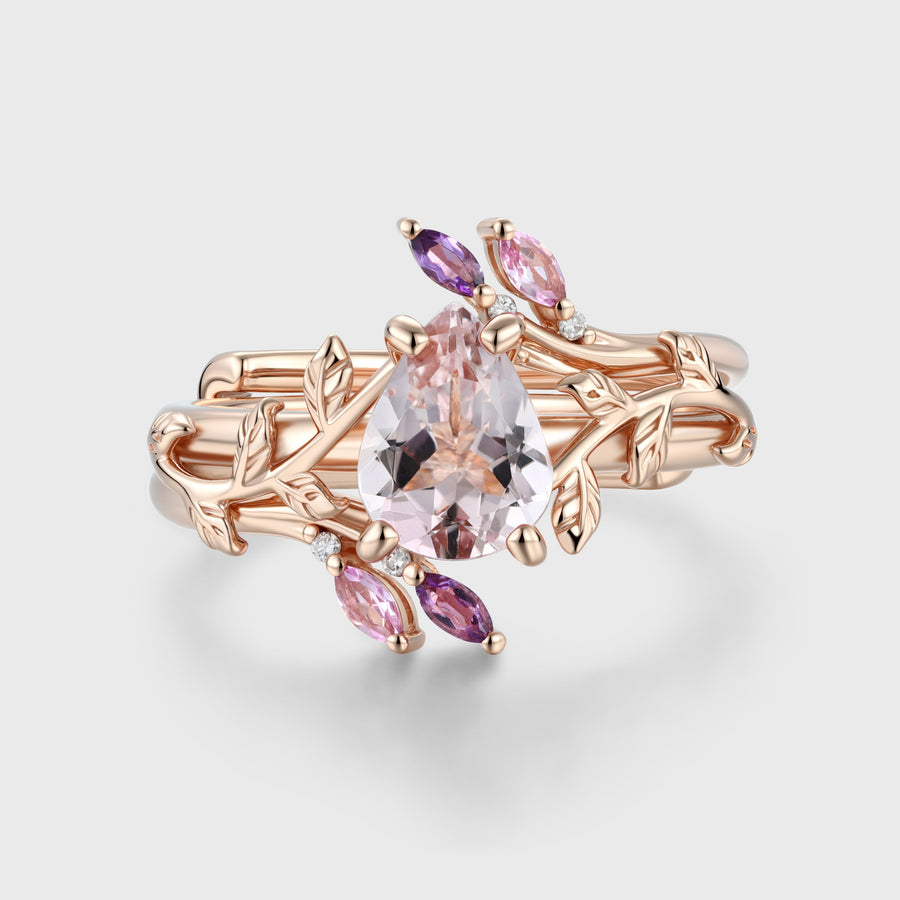 Inspired Pear cut Morganite Solid Gold Wedding Bridal Set