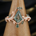 Nature Inspired Kite cut Moss Agate Leaf Gold Engagement Ring
