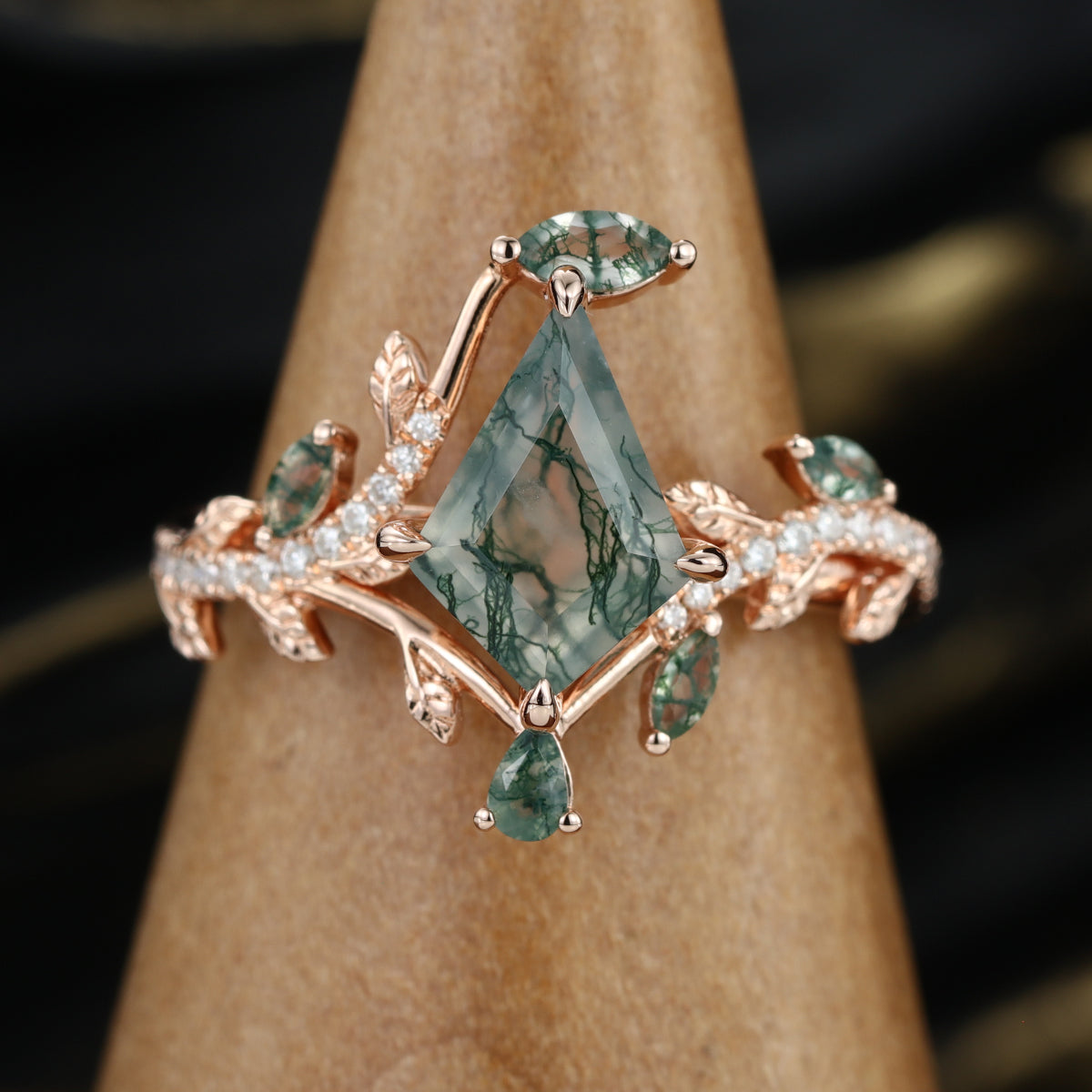 Nature Inspired Kite cut Moss Agate Leaf Gold Engagement Ring