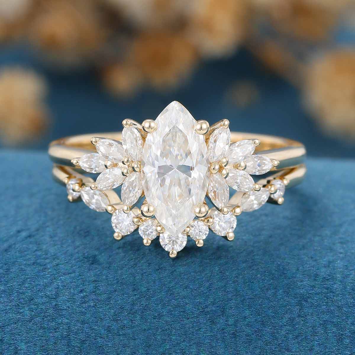 Marquise cut Moissanite Cluster Engagement Bridal Set