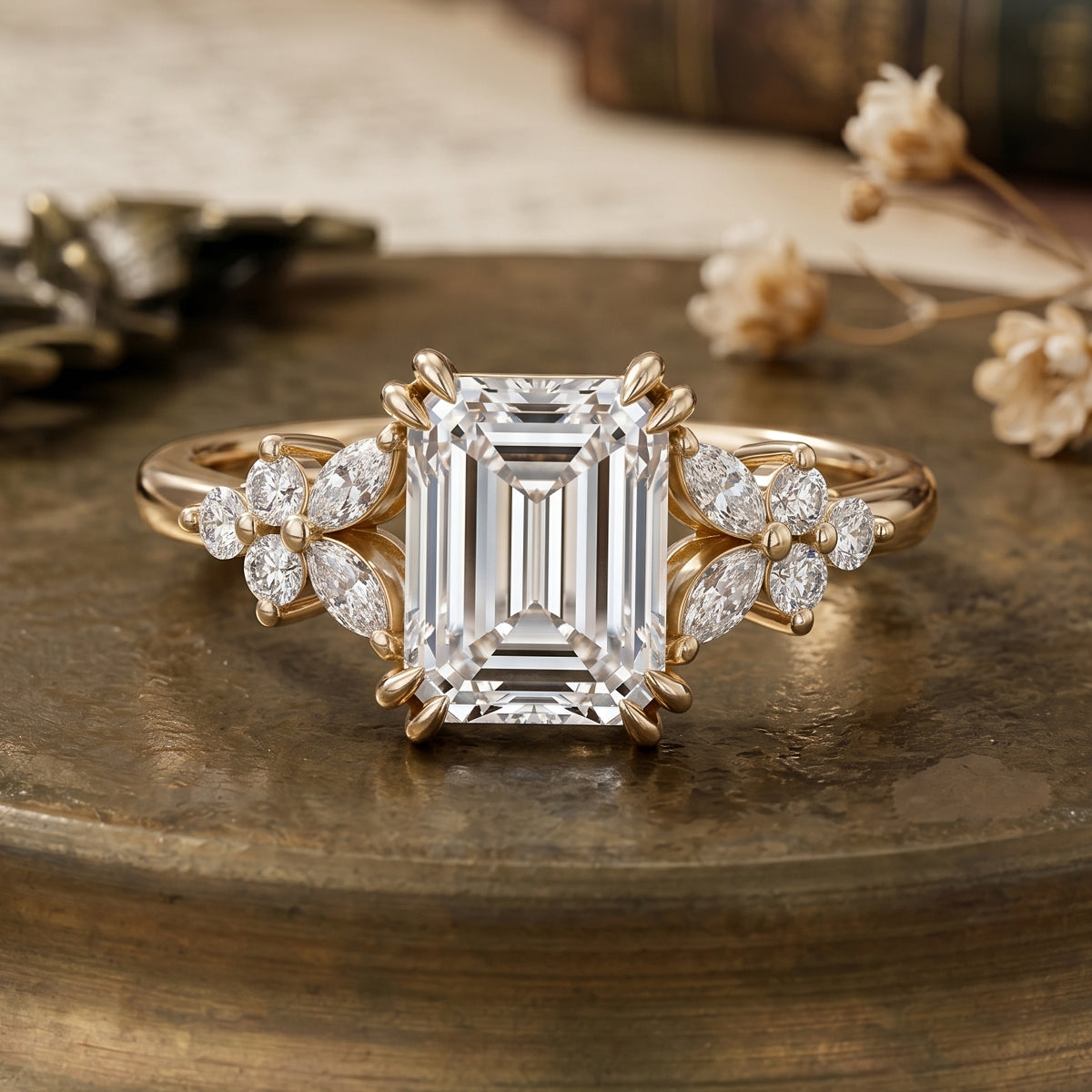 1.0CT~5.0CT Emerald cut Lab grown Diamond Cluster Engagement Ring Set