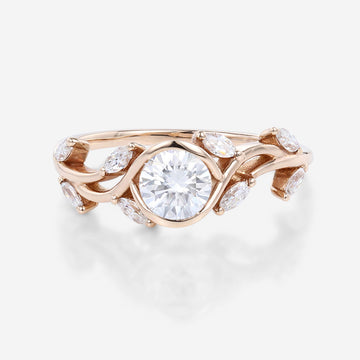 Nature Inspired Round cut Moissanite Leaf Gold Engagement Ring