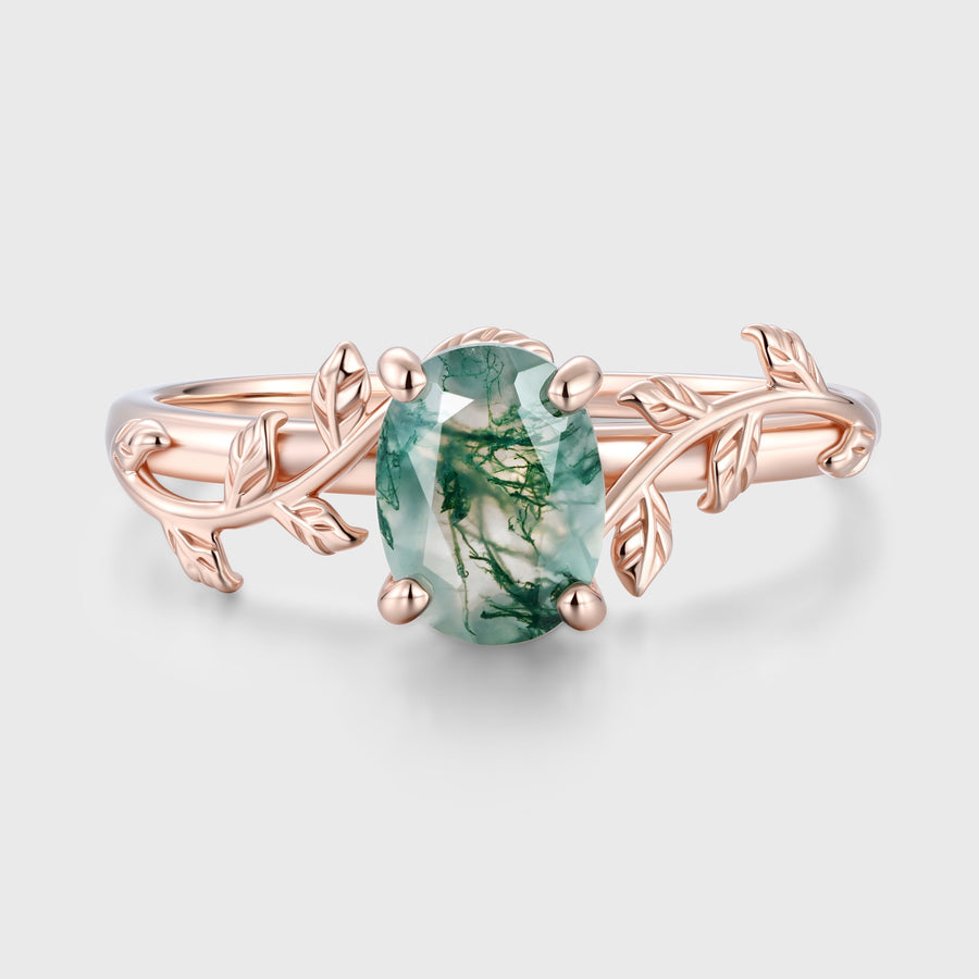 Oval Cut Natural Green Moss Agate Cluster Engagement Ring