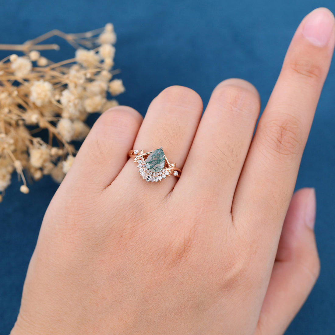 Nature Inspired Pear cut Moss Agate Leaf Gold Engagement Ring