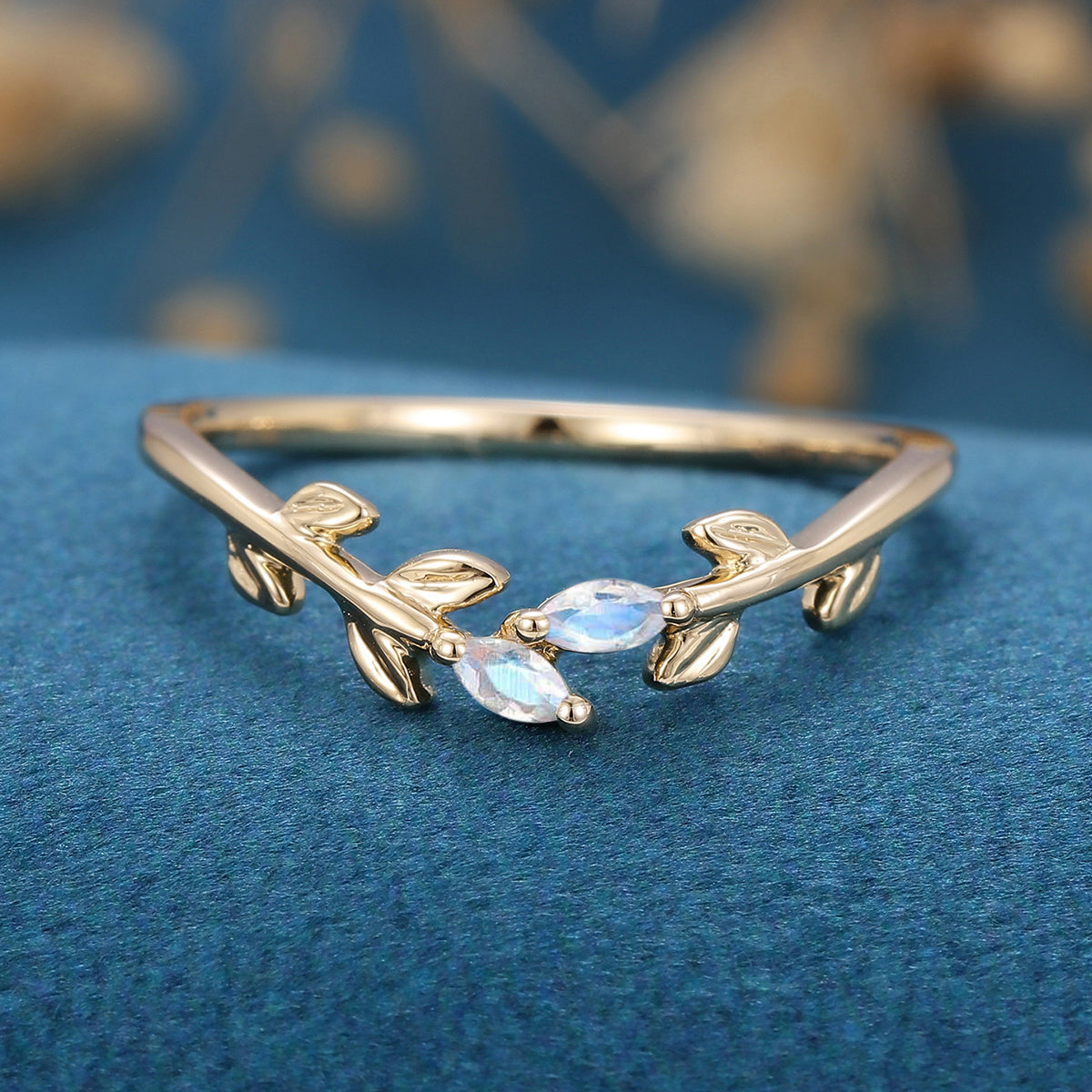 Marquise Moonstone leaf Curved Wedding Band Ring