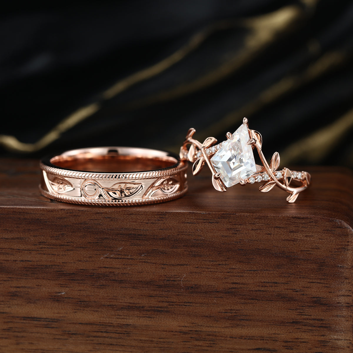 Forever Glow Moissanite Couple Rings |  D Color VVS1 | Rose Gold Leaf Wedding Bridal Set
