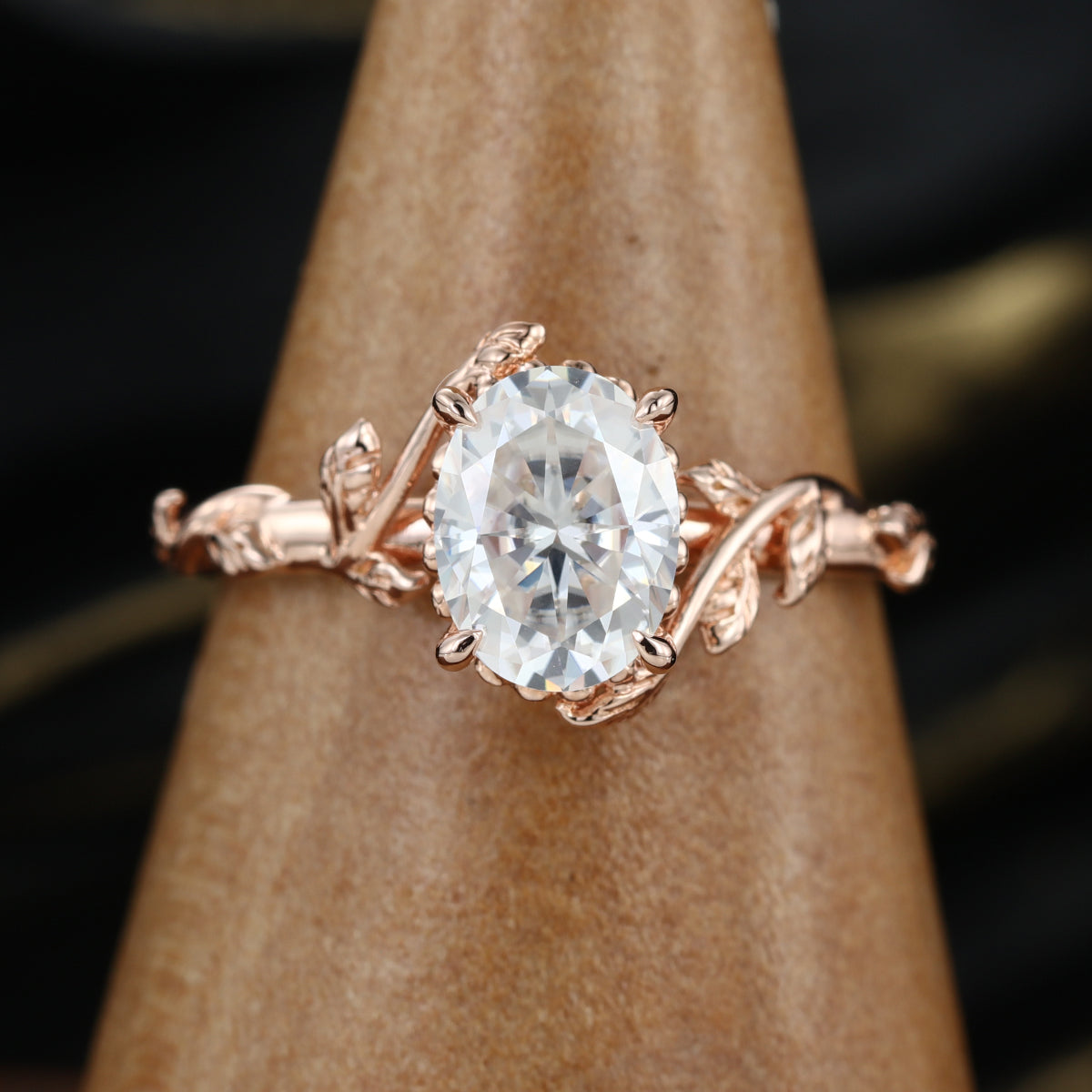 Nature Inspired Oval cut Moissanite Leaf Gold Engagement Ring