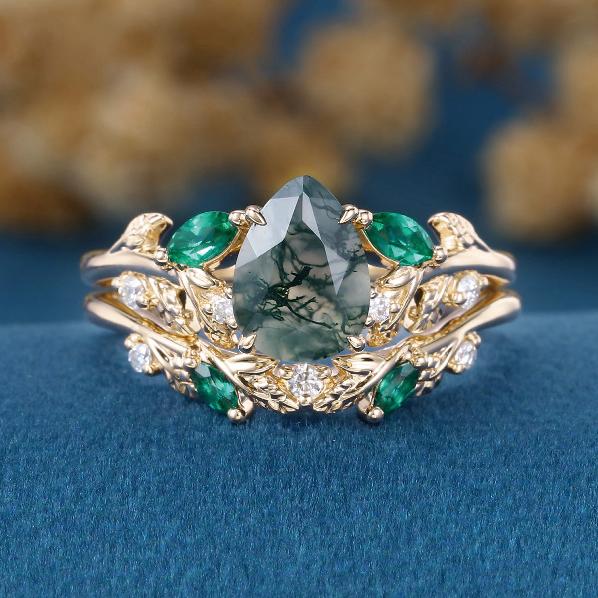 Pear cut Moss Agate Engagement ring + Lab Emerald Curved Wedding bridal set