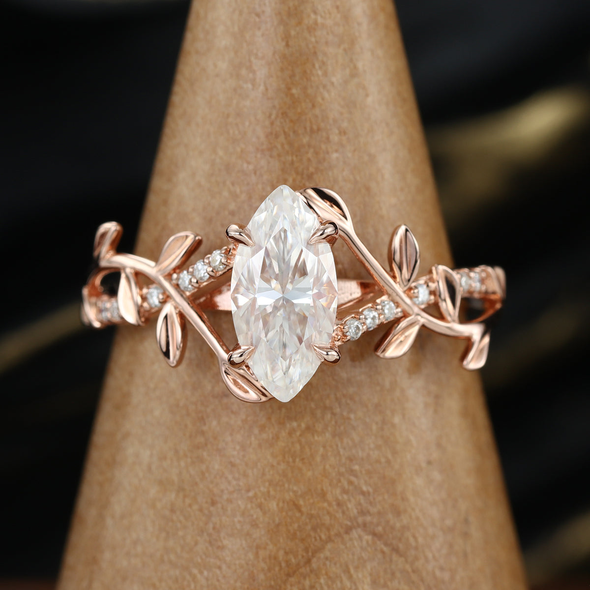 Nature Inspired Marquise cut Moissanite Leaf Gold Engagement Ring
