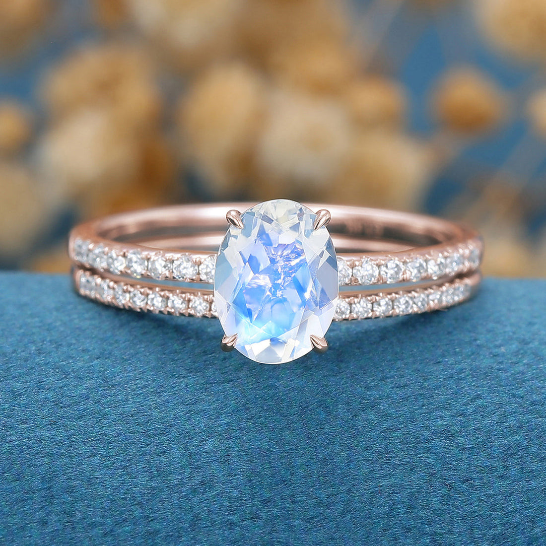 Oval cut Moonstone Half eternity Engagement Bridal Set