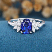 Oval cut Lab Sapphire Cluster Engagement Ring
