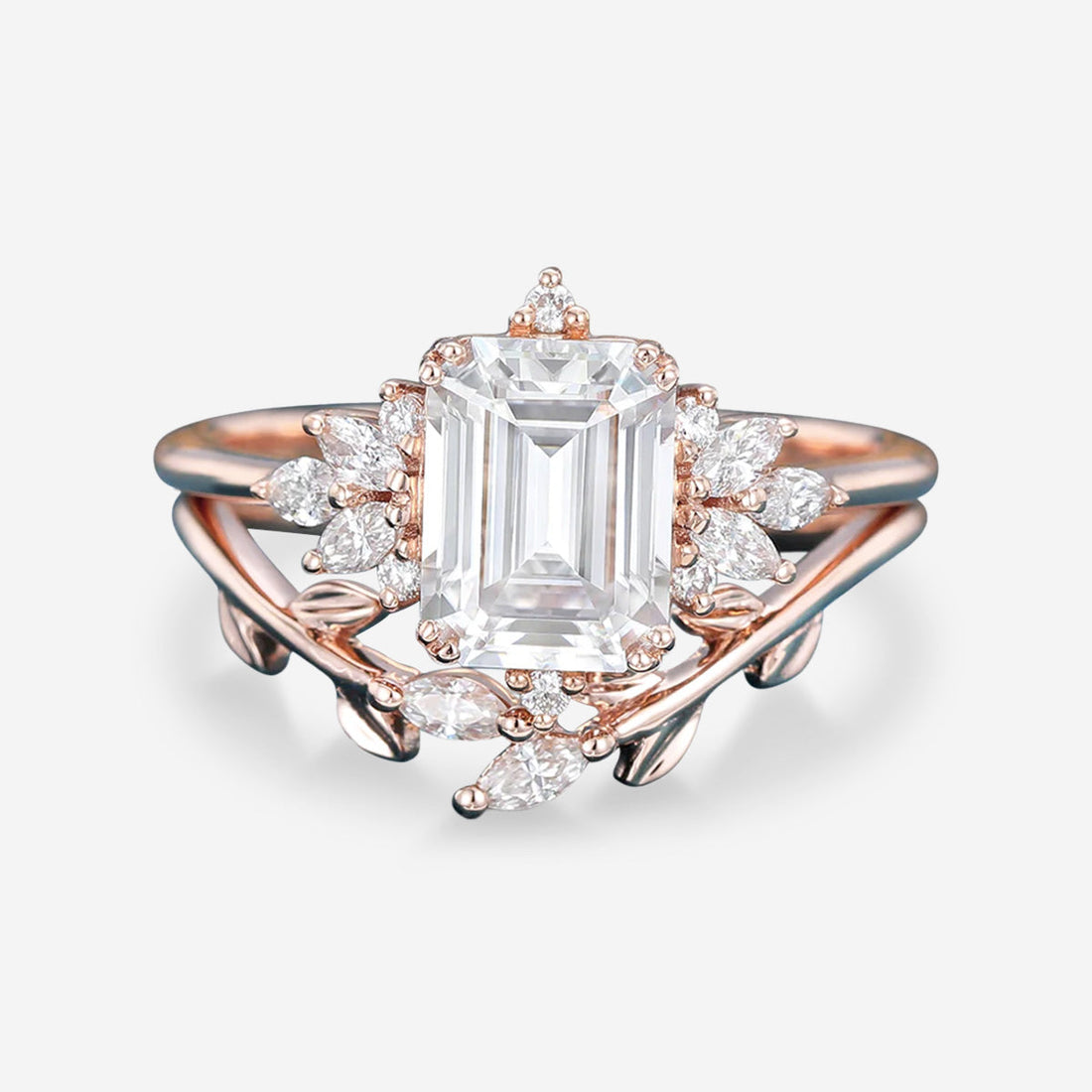 1.7Carat Emerald cut  Moissanite cluster Engagement Bridal Set