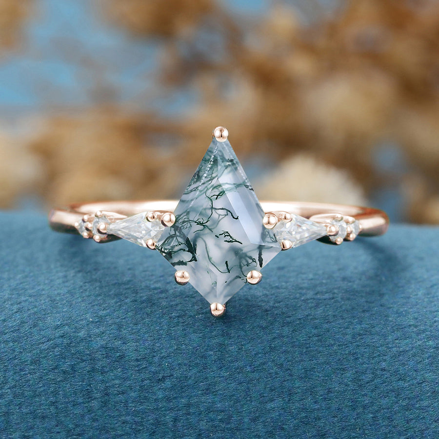 Kite Cut Natural Green Moss Agate Engagement Ring 