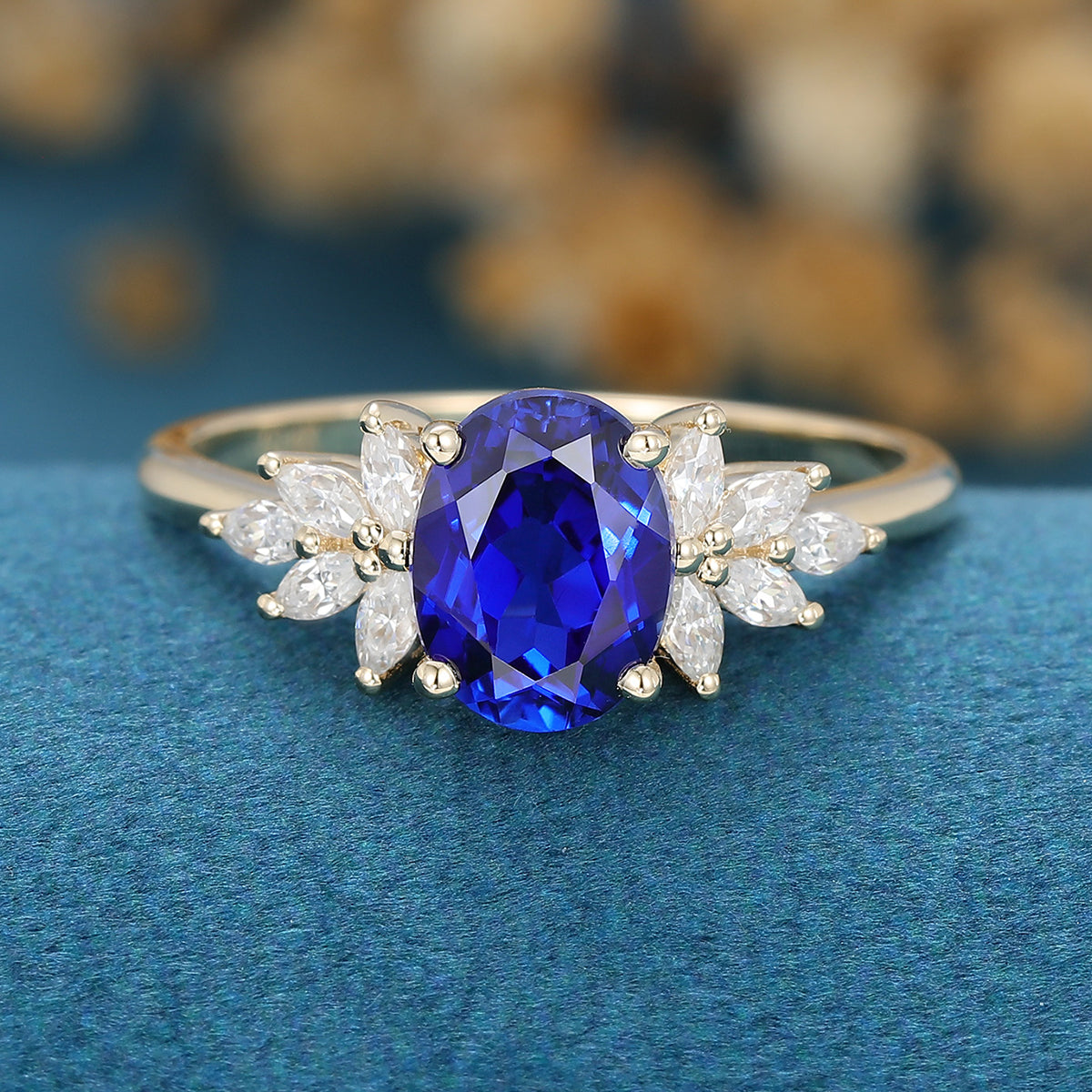 Oval cut Lab Sapphire Cluster Engagement Ring