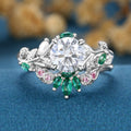 Round cut Moissanite + Pink Sapphire | Lab Emerald Curved Wedding bridal set
