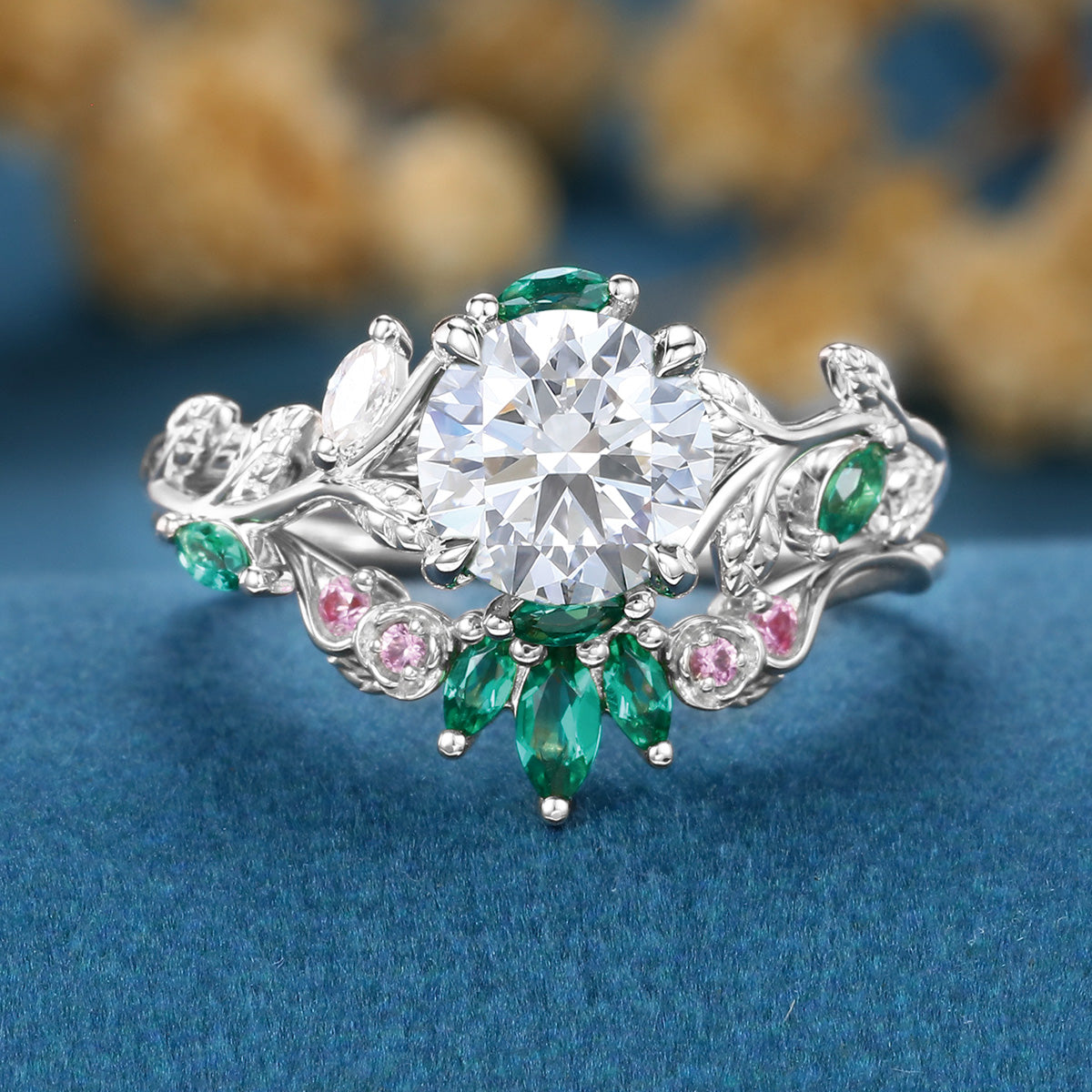 Round cut Moissanite + Pink Sapphire | Lab Emerald Curved Wedding bridal set