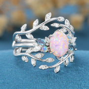 Nature Inspired Oval Cut Lab Opal Wedding Bridal Set