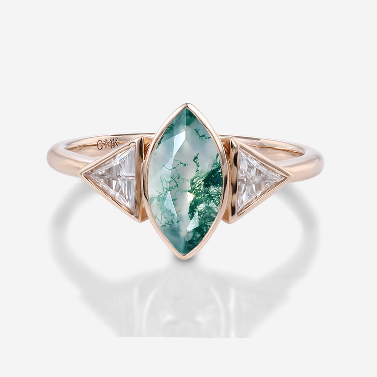 Bezel setting Marquise cut Moss Agate Gold Engagement Ring