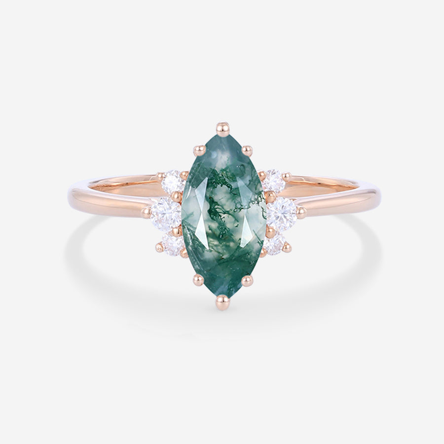 Marquise cut Moss Agate Matching Mossanite | Diamonds Gold Engagement Ring