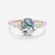 Natural Green Moss Agate Oval cut cluster Engagement Ring