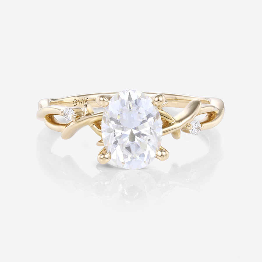 Nature Inspired Oval cut Moissanite Leaf Gold Engagement Ring