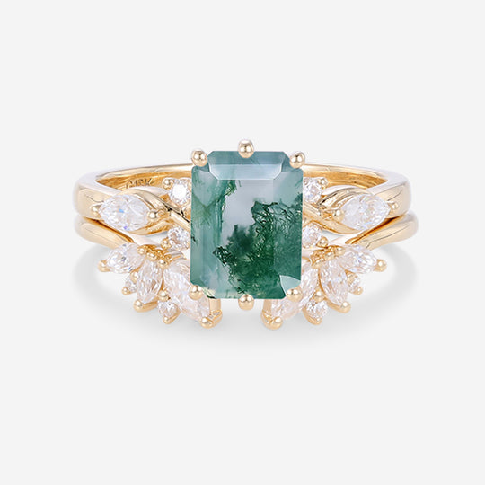 Emerald cut Moss Agate Matching Mossanite | Diamonds Gold Bridal Set