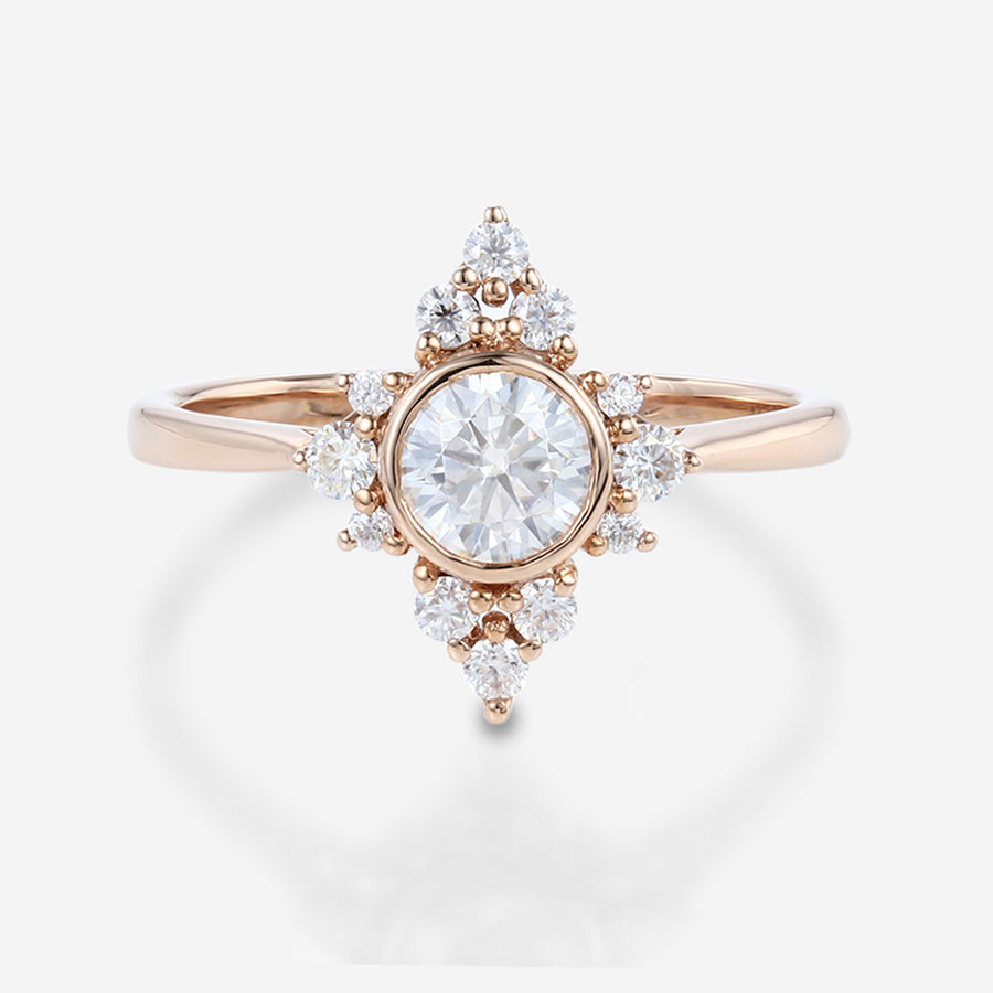 Bezel setting Round cut Moissanite Halo inlaid Gold Engagement Ring