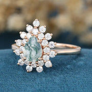 Pear cut Moss Agate Halo Gold Engagement ring