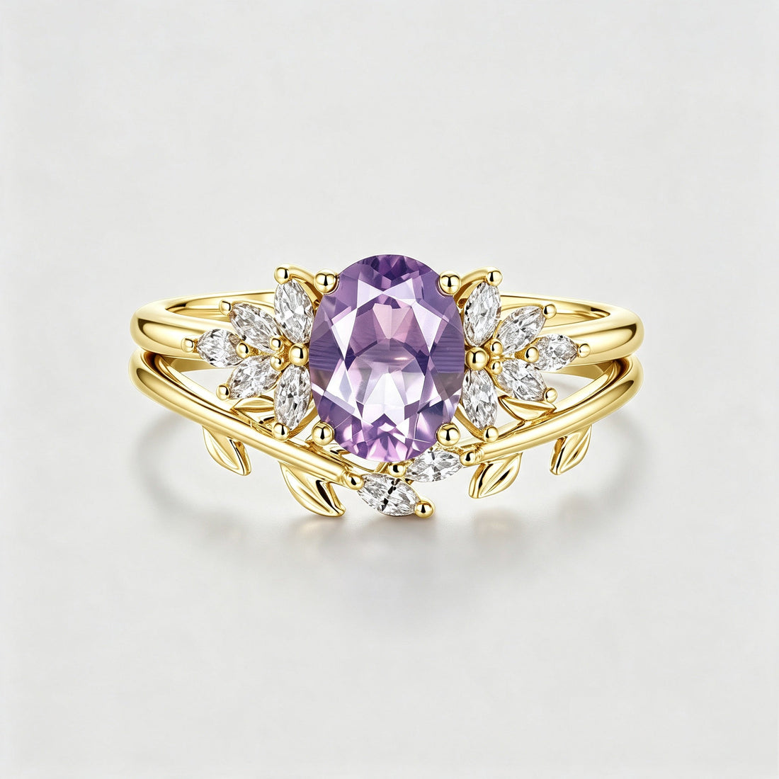 Oval Cut Lavender Amethyst Engagement Ring set Rose Gold Diamond Wedding Bridal Set