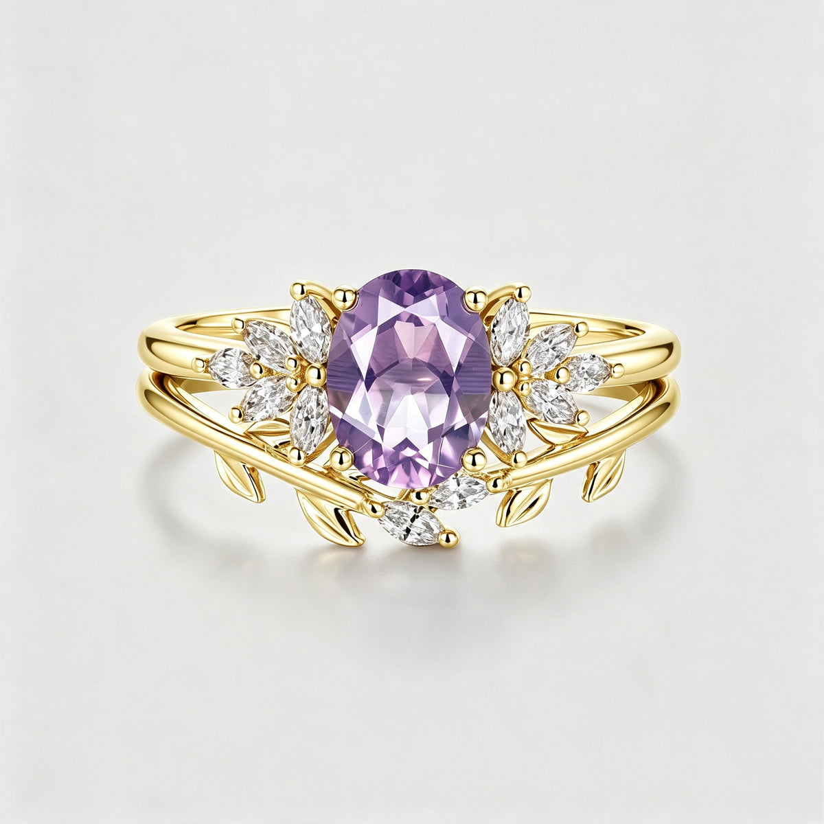 Oval Cut Lavender Amethyst Engagement Ring set Rose Gold Diamond Wedding Bridal Set