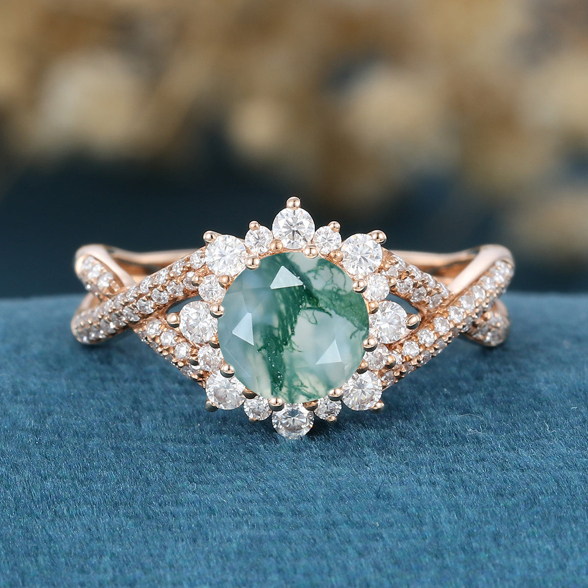 Round cut Moss Agate Matching Mossanite | Diamonds Gold Engagement Ring