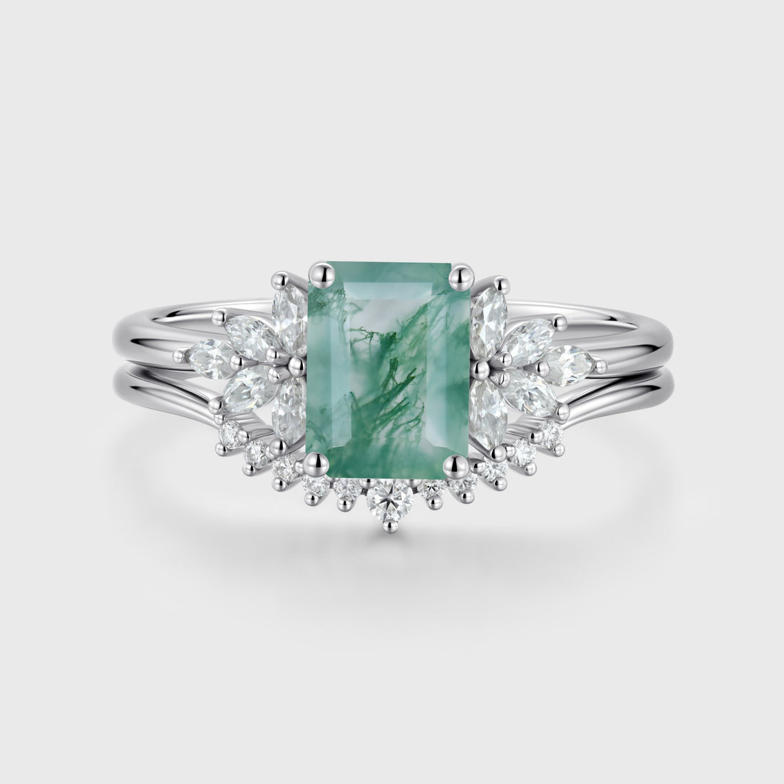 Natural Green Moss Agate 2PCS Emerald cut Cluster Engagement ring Bridal Sets
