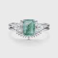 Natural Green Moss Agate 2PCS Emerald cut Cluster Engagement ring Bridal Sets