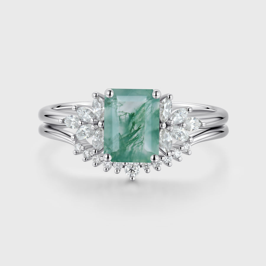 Natural Green Moss Agate 2PCS Emerald cut Cluster Engagement ring Bridal Sets