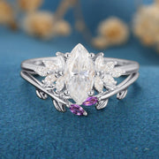 1.0Carat Marquise cut Moissanite Cluster Engagement ring Bridal Set