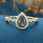 Pear Black Rutilated Quartz Halo Diamond Half Eternity Engagement ring