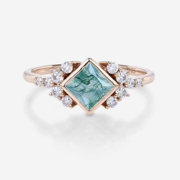 Bezel setting Princess cut Moss Agate Gold Engagement Ring