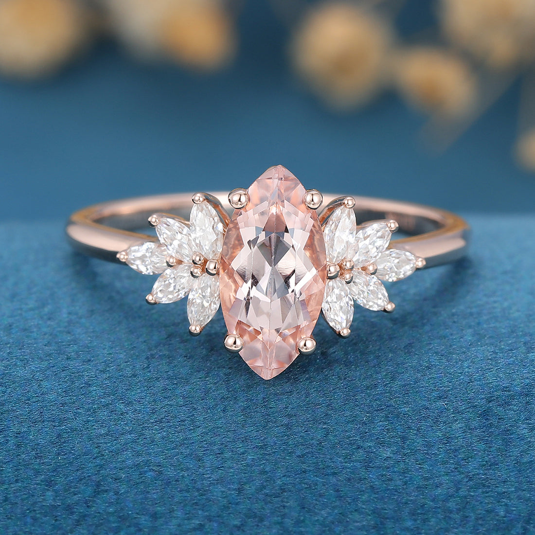 1.0Carat Marquise cut Morganite Cluster Engagement ring