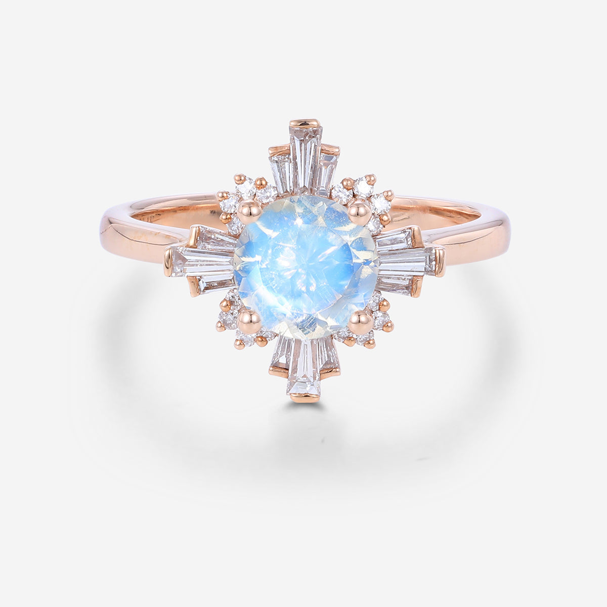 Round cut Moonstone  Halo Baguette Engagement Ring