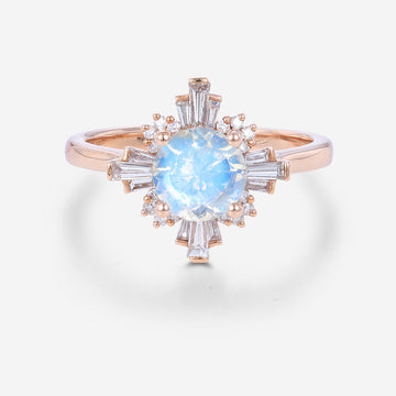 Round cut Moonstone  Halo Baguette Engagement Ring