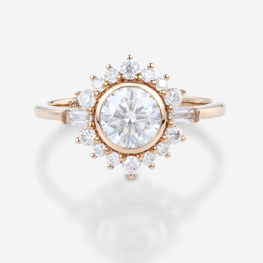 Bezel setting Round cut Moissanite Halo Gold Engagement Ring