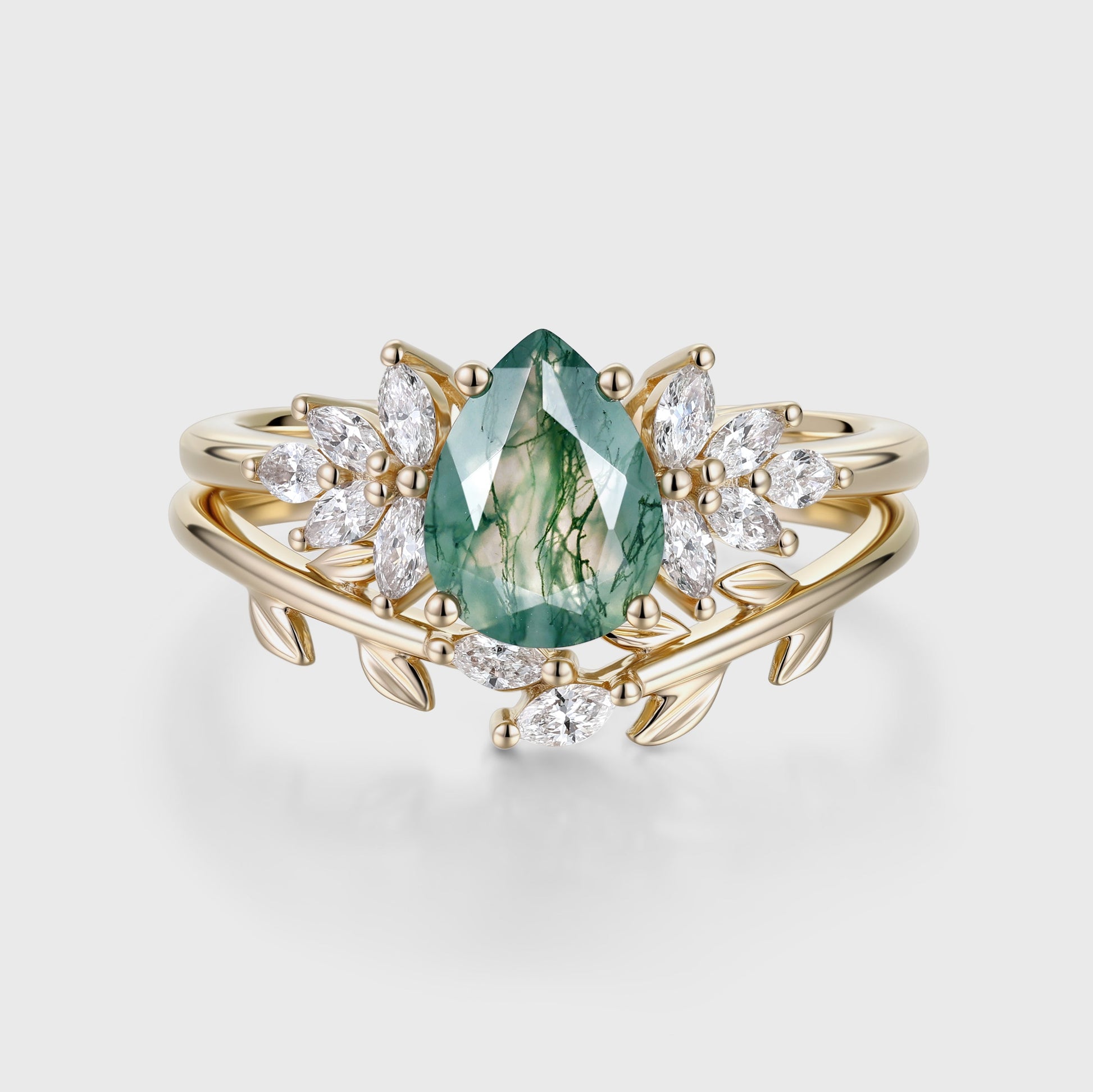 Moss Agate Natural Green Pear cut Engagement ring Bridal Sets