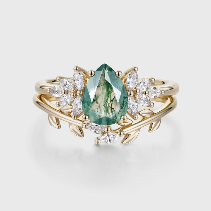 Moss Agate Natural Green Pear cut Engagement ring Bridal Sets