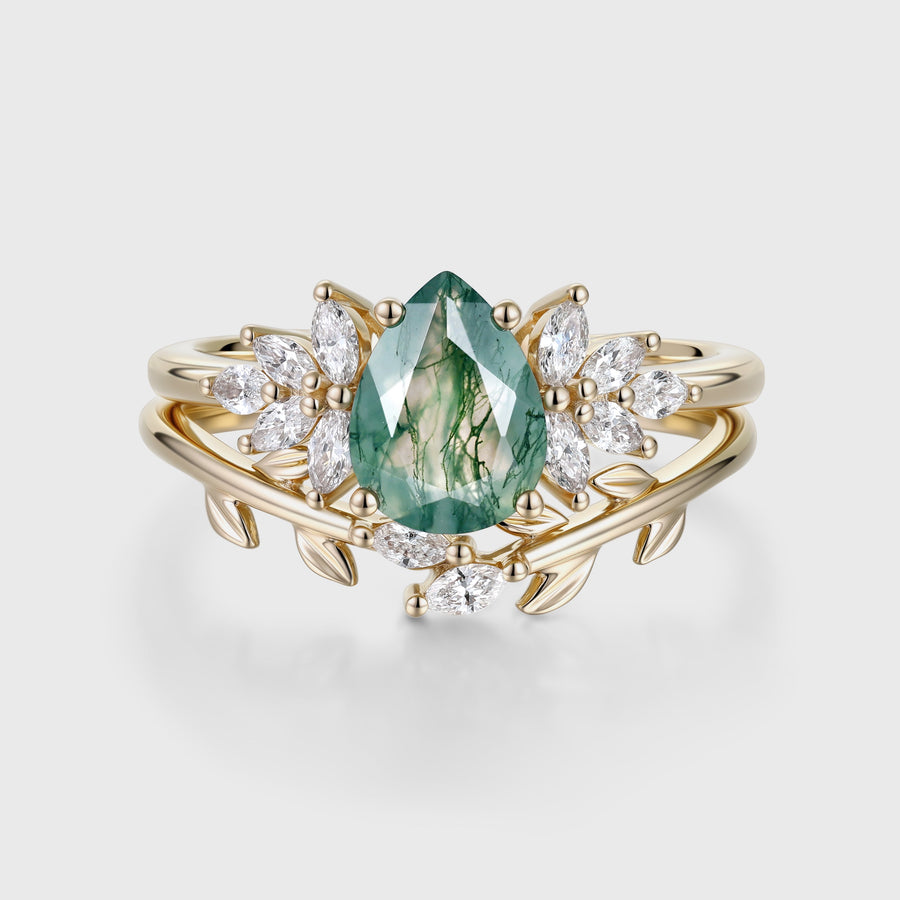 Moss Agate Natural Green Pear cut Engagement ring Bridal Sets