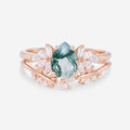 Nature Inspired Pear cut Moss Agate Leaf Gold Ring set