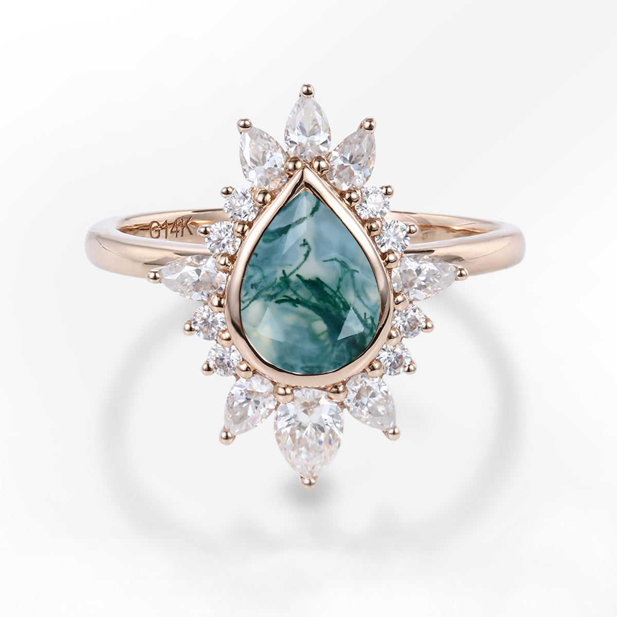 Bezel setting Pear cut Moss Agate Gold Engagement Ring