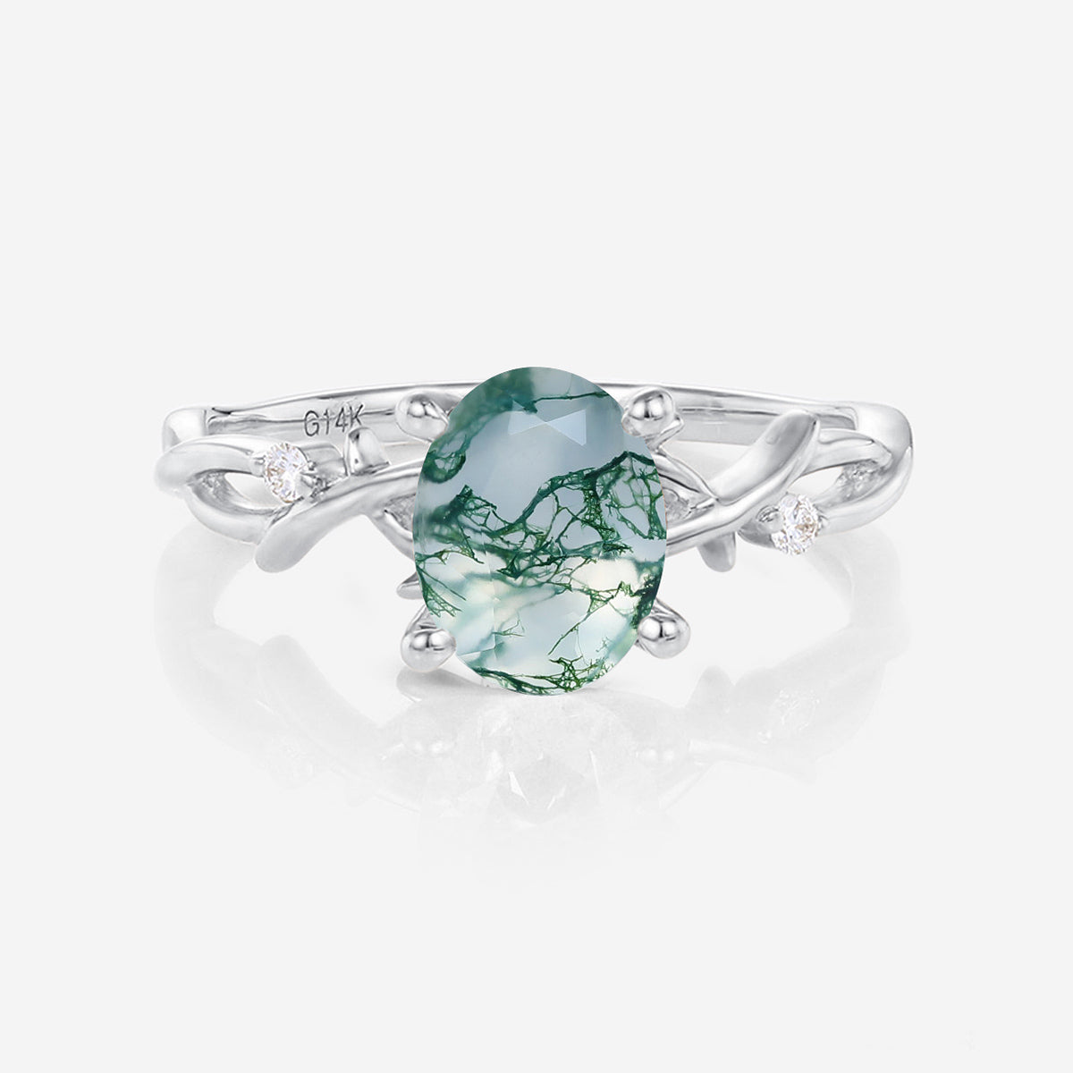 Nature Inspired Oval cut Moss Agate Leaf Gold Engagement Ring